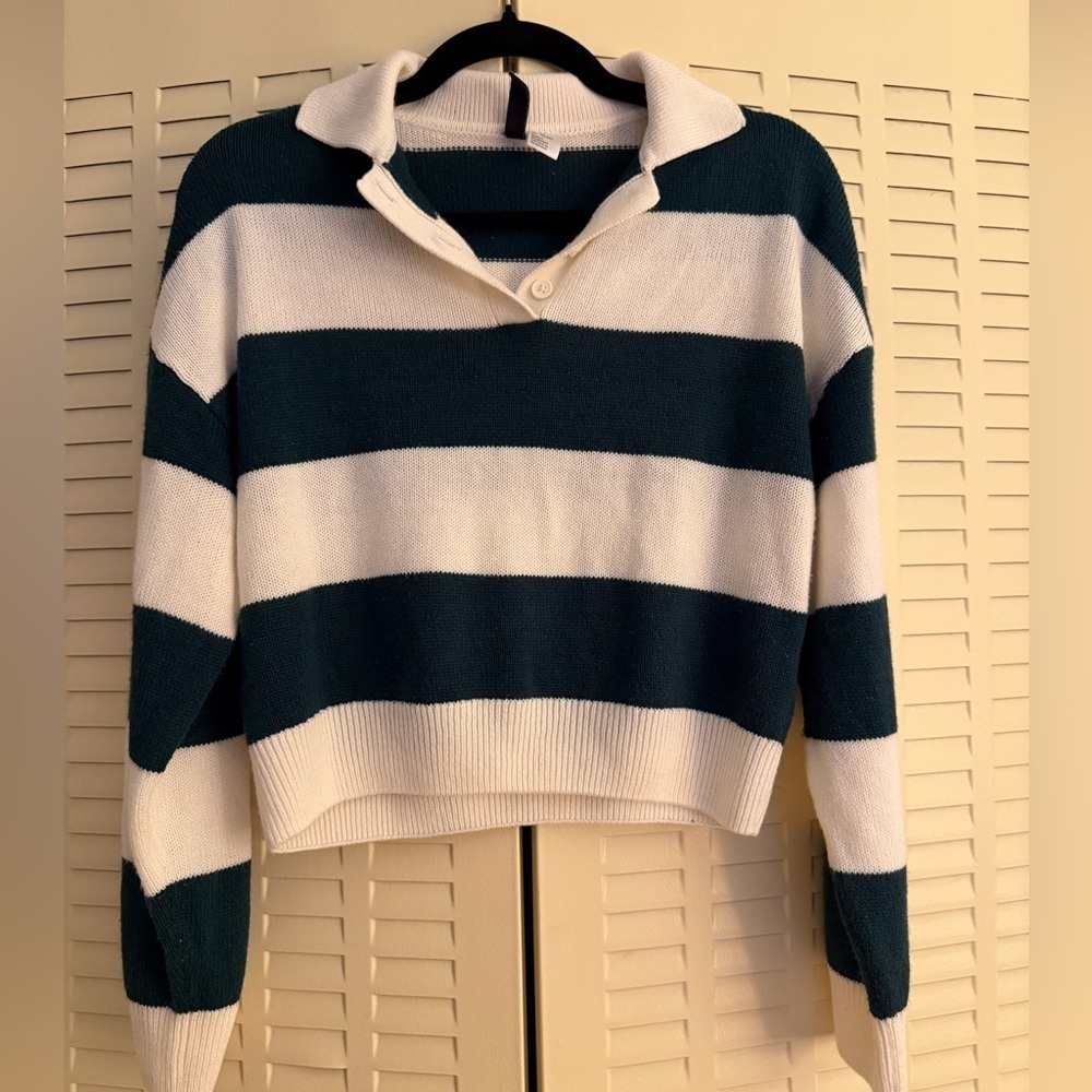 H&M Striped Rugby Knit Collared Sweater – Green & Cream – S
